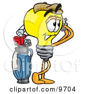 Light Bulb Mascot Cartoon Character Swinging His Golf Club While Golfing by Mascot Junction