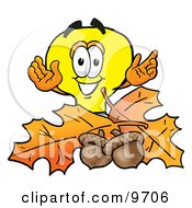 Poster, Art Print Of Light Bulb Mascot Cartoon Character With Autumn Leaves And Acorns In The Fall