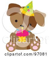Poster, Art Print Of Brown Puppy Dog Wearing A Birthday Party Hat And Holding A Cupcake