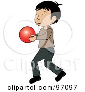 Poster, Art Print Of Little Asian Boy Walking And Holding A Ball