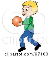 Poster, Art Print Of Little Caucasian Boy Walking And Holding A Ball