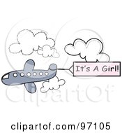 Royalty Free RF Clipart Illustration Of An Airplane With A Pink Its A Girl Announcement Banner In The Sky by Pams Clipart