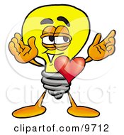 Clipart Picture Of A Light Bulb Mascot Cartoon Character With His Heart Beating Out Of His Chest