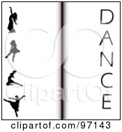 Royalty Free RF Clipart Illustration Of An Open Book Background Of Silhouetted Ballerinas And The Word Dance