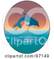 Royalty Free RF Clipart Illustration Of A Blue Dolphin Jumping Against A Sunset In An Oval