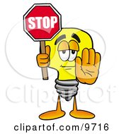 Clipart Picture Of A Light Bulb Mascot Cartoon Character Holding A Stop Sign