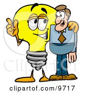 Poster, Art Print Of Light Bulb Mascot Cartoon Character Talking To A Business Man
