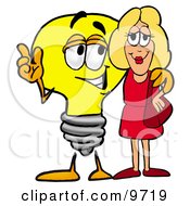Poster, Art Print Of Light Bulb Mascot Cartoon Character Talking To A Pretty Blond Woman