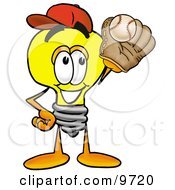 Light Bulb Mascot Cartoon Character Catching A Baseball With A Glove