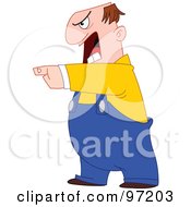 Angry Man In Overalls Pointing With One Arm And Screaming