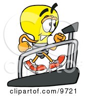 Light Bulb Mascot Cartoon Character Walking On A Treadmill In A Fitness Gym