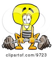 Poster, Art Print Of Light Bulb Mascot Cartoon Character Lifting A Heavy Barbell