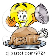 Light Bulb Mascot Cartoon Character Serving A Thanksgiving Turkey On A Platter by Mascot Junction