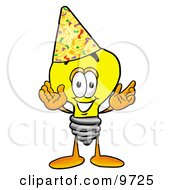 Clipart Picture Of A Light Bulb Mascot Cartoon Character Wearing A Birthday Party Hat by Toons4Biz