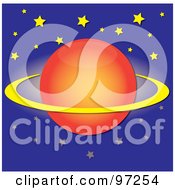 Poster, Art Print Of Glowing Orange Saturn With Yellow Rings And Stars In A Blue Sky
