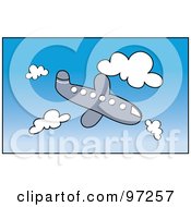 Poster, Art Print Of Cartoon Airplane Descending Through A Cloudy Blue Sky