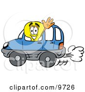 Poster, Art Print Of Light Bulb Mascot Cartoon Character Driving A Blue Car And Waving