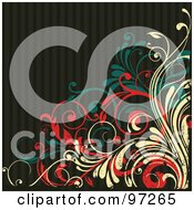 Royalty Free RF Clipart Illustration Of A Grungy Beige Red And Turquoise Vine Over Stripes