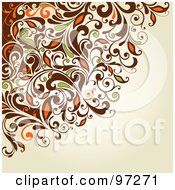 Royalty Free RF Clipart Illustration Of A Corner Of Brown Orange And Green Swirly Vines On A Beige Background