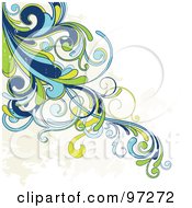 Poster, Art Print Of Grungy Blue Green And Yellow Swirly Vine With Beige Splatters Over White