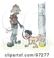 Royalty-Free (RF) Clipart Illustration of a Dog Standing Upright And Waiting As His Human Pees On A Pole by PlatyPlus Art #COLLC97277-0079