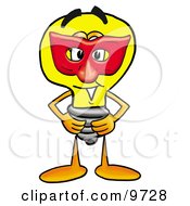 Clipart Picture Of A Light Bulb Mascot Cartoon Character Wearing A Red Mask Over His Face