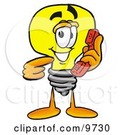 Light Bulb Mascot Cartoon Character Holding A Telephone