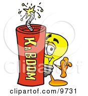 Poster, Art Print Of Light Bulb Mascot Cartoon Character Standing With A Lit Stick Of Dynamite