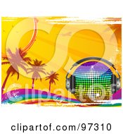 Royalty Free RF Clipart Illustration Of A Rainbow Disco Ball With Headphones On A Grungy Rainbow With Palm Trees Sunshine And An Airplane by elaineitalia #COLLC97310-0046