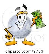 Poster, Art Print Of Moon Mascot Cartoon Character Holding A Dollar Bill