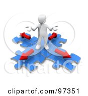 Royalty Free RF Clipart Illustration Of A 3d White Person Shrugging On Blue Puzzle Pieces With Arrows Pointing In Different Directions by 3poD