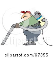 Poster, Art Print Of Male Janitor Wearing And Using A Back Vacuum