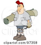 Caucasian Carpet Layer Man Carrying A Roll Of Carpet And A Tool
