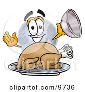 Poster, Art Print Of Moon Mascot Cartoon Character Serving A Thanksgiving Turkey On A Platter
