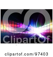 Royalty Free RF Clipart Illustration Of A Background Of Colorful Equalizer Bars With Glowing Fractal Light And Halftone by Arena Creative