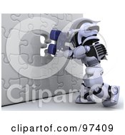 Poster, Art Print Of 3d Silver Robot Inserting A Blue Piece Into A Puzzle Wall