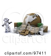 Poster, Art Print Of 3d Silver Robot With Cardboard Boxes Recycle Bins And A Globe