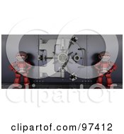Royalty Free RF Clipart Illustration Of Two 3d Red Robots Guarding A Bank Vault by KJ Pargeter