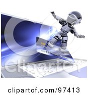 3d Silver Robot Surfing On A Credit Card Over A Laptop