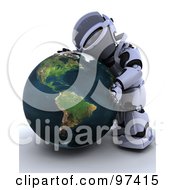 Poster, Art Print Of 3d Silver Robot Hugging A Globe