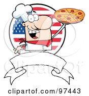 Poster, Art Print Of Male Chef Holding Up A Pizza Pie Over A Blank Banner And Round American Flag