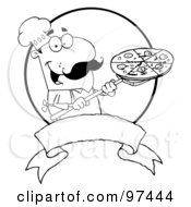 Poster, Art Print Of Outlined Male Pizzeria Chef Holding A Pizza On A Scooper Above A Blank Banner And Circle
