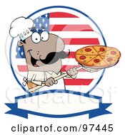 Royalty Free RF Clipart Illustration Of A Male Pizzeria Chef Holding A Pizza On A Scooper Above With A USA Flag And Blank Label