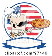 Royalty Free RF Clipart Illustration Of A Male Pizzeria Chef Holding A Pizza On A Scooper Above With An American Flag And Blank Label