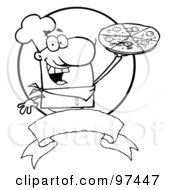 Royalty Free RF Clipart Illustration Of An Outlined Male Chef Holding Up A Pizza Pie Over A Blank Banner And Circle