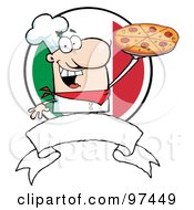 Poster, Art Print Of Male Chef Holding Up A Pizza Pie Over A Blank Banner And Round Italian Flag