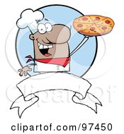 Royalty Free RF Clipart Illustration Of A Male Chef Holding A Pizza Up Above A Blank Banner And Blue Circle