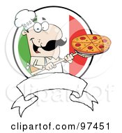 Poster, Art Print Of Male Pizzeria Chef Holding A Pizza On A Scooper Above A Blank Banner And Italian Flag