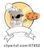 Royalty Free RF Clipart Illustration Of A Male Pizzeria Chef Holding A Pizza On A Scooper Above A Blank Banner And Yellow Circle