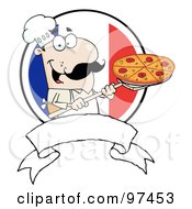 Royalty Free RF Clipart Illustration Of A Male Pizzeria Chef Holding A Pizza On A Scooper Above A Blank Banner And French Flag